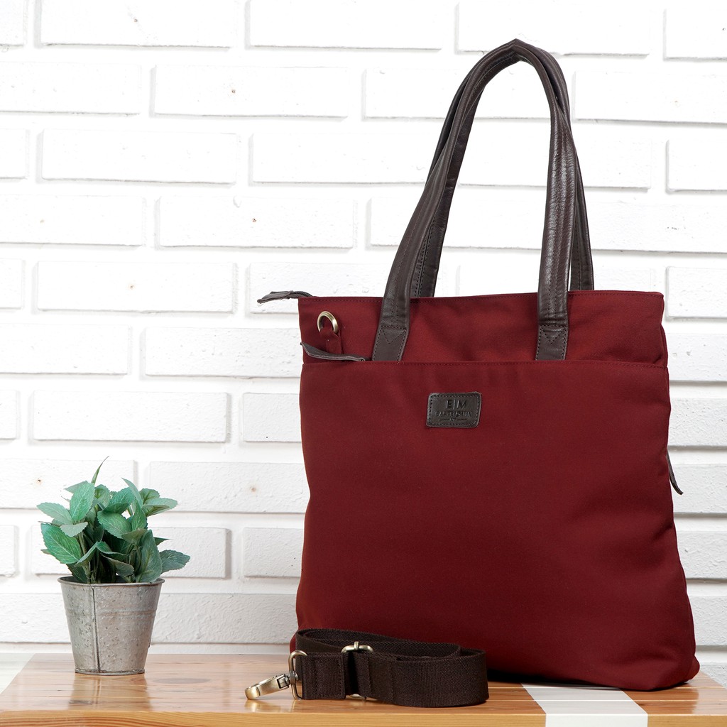 [PREMIUM] Tas Kerja Totebag Laptop Pria Wanita Kanvas Kulit ASLI Eastmovin Iowa Maroon