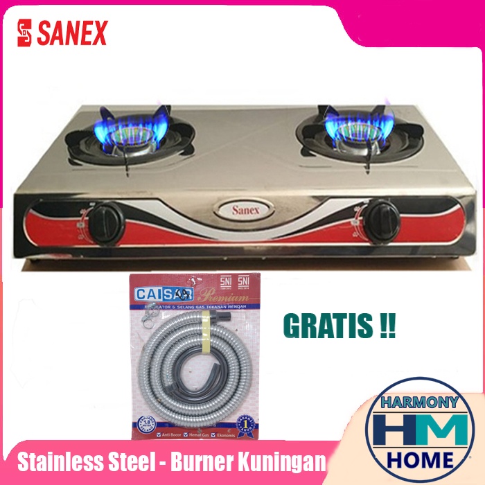 Kompor Gas Sanex 2 Tungku Stainless Steel Api Biru Bonus Selang PAKET REGULATOR Caisar 1.8 Meter ber SNI