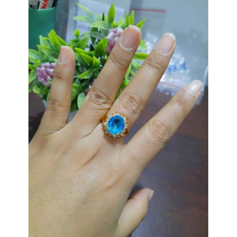 (Ring Perunggu) Cincin Batu Permata Natural Topaz Cutting America Diamond Untuk Wanita