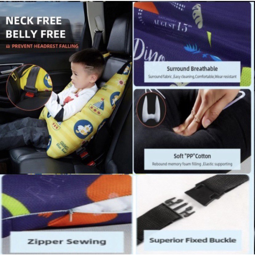 Car Kid Sleeping Pillow Bantal Tidur Anak Kecil Mobil Seat Belt Premium Quality New Dino Dinosaurus Memory Foam Safety