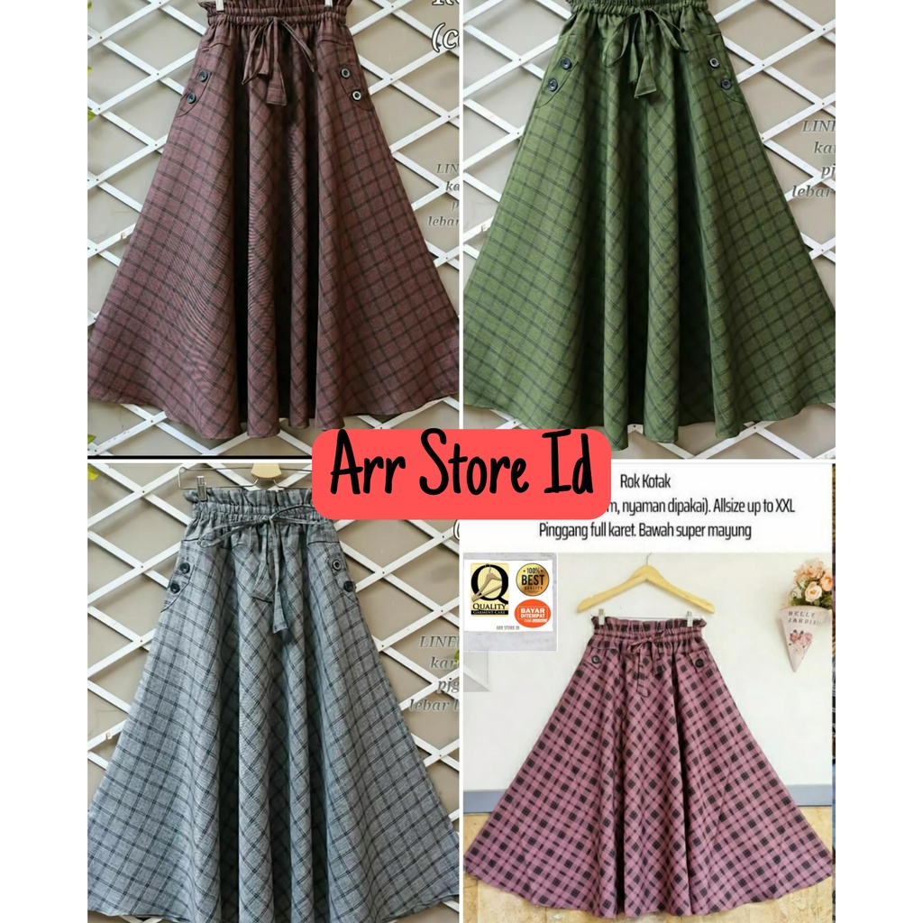 Rok Kotak Kotak Fashion Muslim Skirt Payung Panjang Wanita Kekinian Premium Ld 60-100 P 90 Allsize