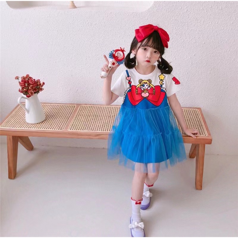 Gaun Anak Perempuan Motif Kartun Moon Girl Korea Style Import Casual Dress