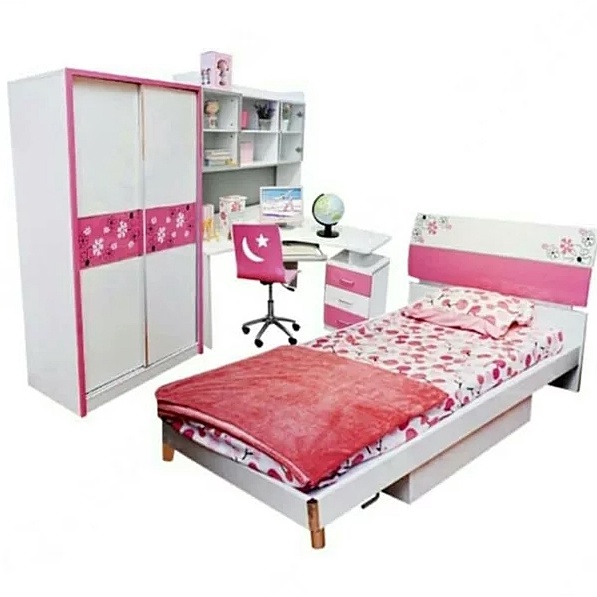 INFORMA Preloved Bed Set Pink Tempat Tidur Anak Perempuan All In Ranjang, Kasur, Nakas, Meja Belajar