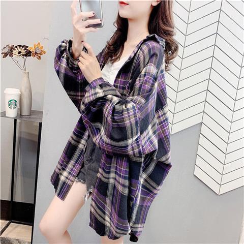 Kemeja wanita casual Kotak-kotak Lengan Panjang Blouse/Model Longgar Kemeja Wanita Casual Kemeja wanita-4