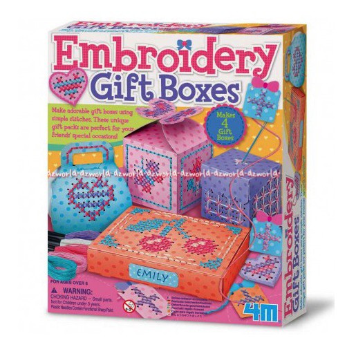 Embroidery Gift Boxes buat 4 kotak hadiah yang menggemaskan menggunakan jahitan bordir sederhana