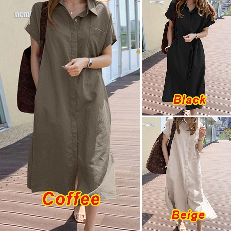 ZANZEA Women Fashion Casual Cotton Button Down Split Hem Solid Maxi Dress