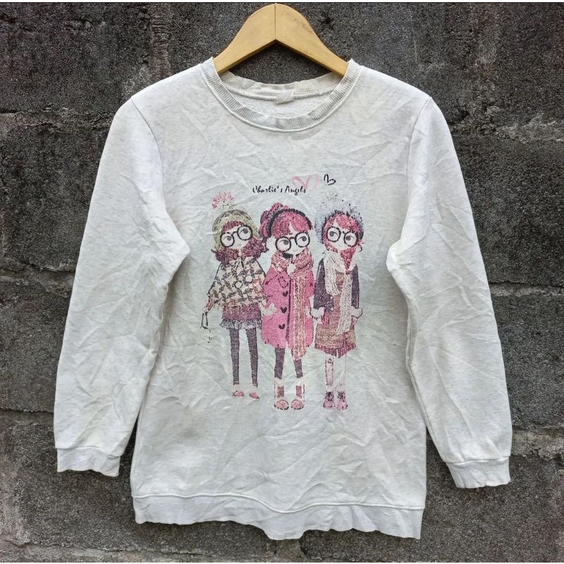 PRELOVED / THRIFT / SECOND CREWNECK / SWEATER MISTY GREY SABLON / PRINT GAMBAR LUCU SIZE M LIKE NEW 