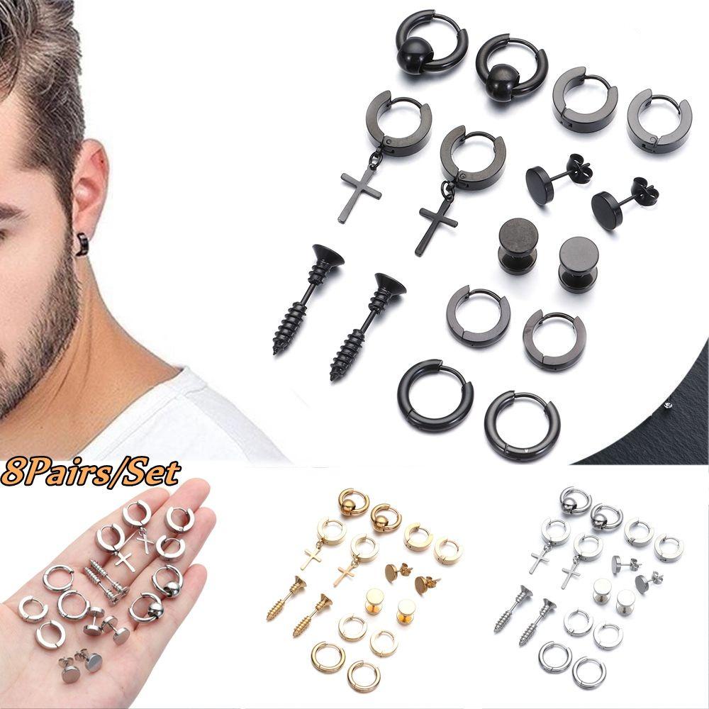 Preva Anting Set Tulang Rawan Helix Barbel Bar Stainless Steel Perhiasan Tindik Tubuh Hitam Dumbbell Stud