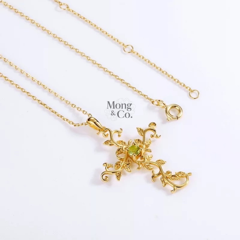 Mong&Co thessalonians S925 14K Gold Plated Cross Necklace with Natural Peridot (3.5mm) - Kalung Wani