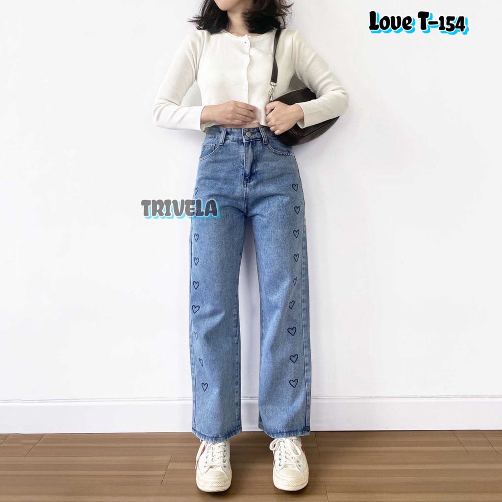 Korea Love Jeans / Celana Jeans Panjang Model Longgar / Jeans Motif Love / High Waist Gaya Korea / Kulot Loose Love / t154