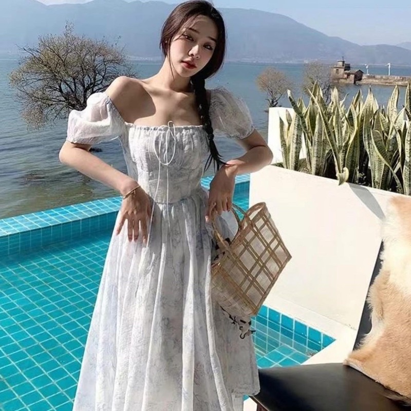 dress babydoll motif soft bunga biru model sabrina casual dress baju formal CODE TG-1067