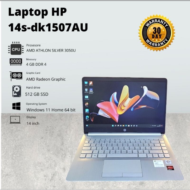 Laptop HP 14s-dk1507AU | AMD ATHLON SILVER 3050U | 4 GB RAM | SSD 512 GB | SECOND | GARANSI