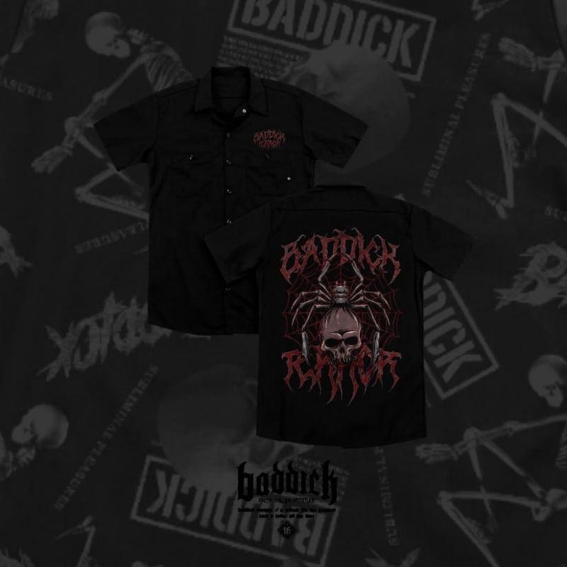 KEMEJA BADDICK WORKSHIRT COWOK PRIA KEREN WARNA HITAM PENDEK MOTIF TENGKORAK KEREN ORIGINAL DISTRO