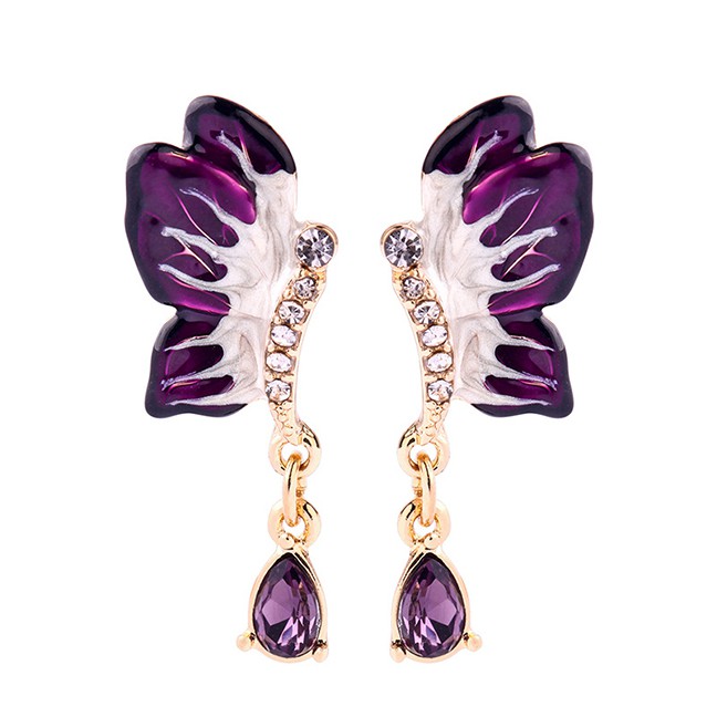 LRC Anting Tusuk Fashion Purple Earrings 925 Silver Needle Butterfly Drop Diamond Earrings F69628