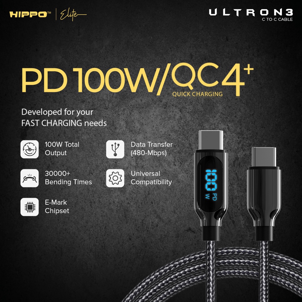 Hippo Ultron 3 Kabel Charger Fast charging USB C to C PD 100W QC4+