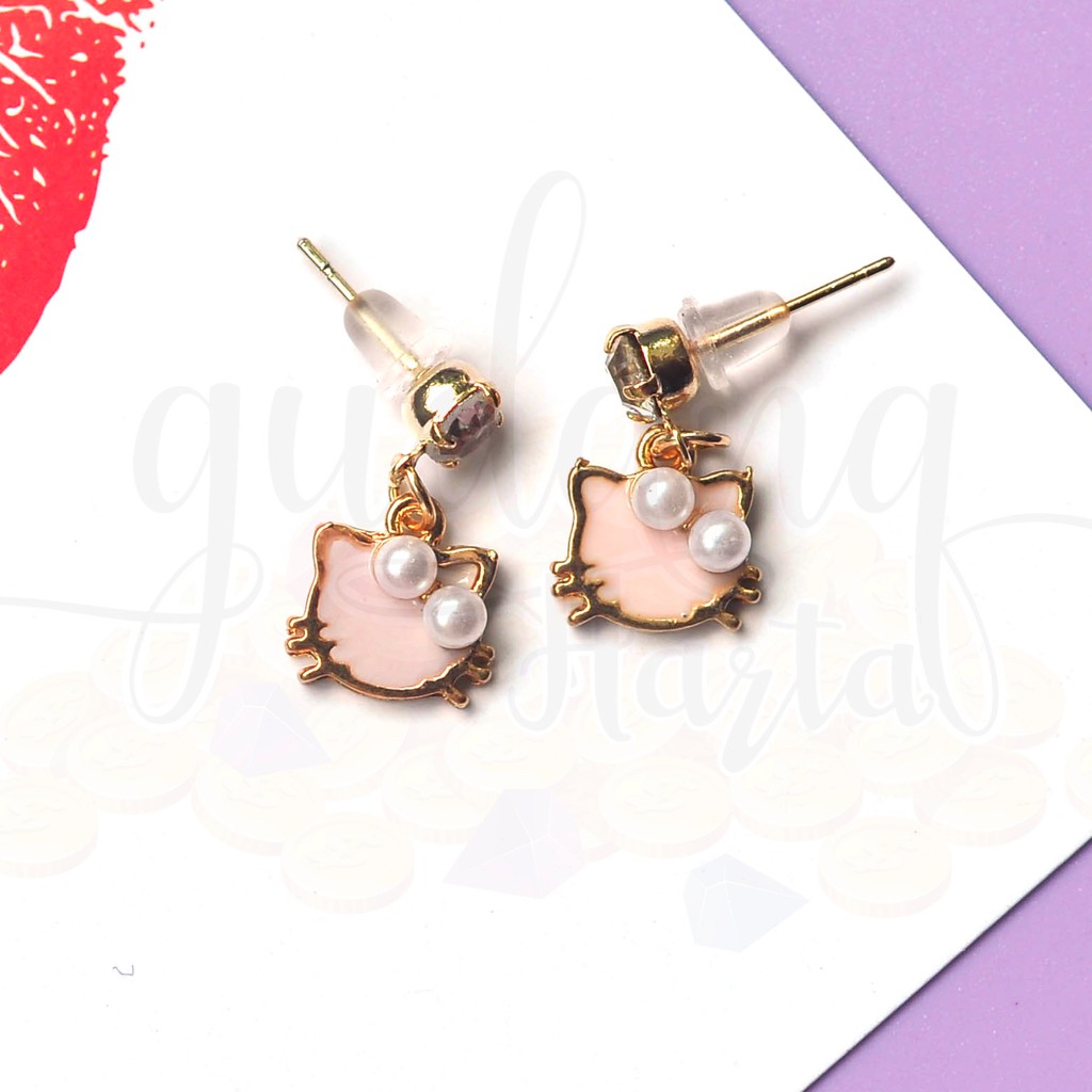 Anting Stud Korea Pink Kitty With Pearl Ribbon Kucing Lucu Cantik GH 203530