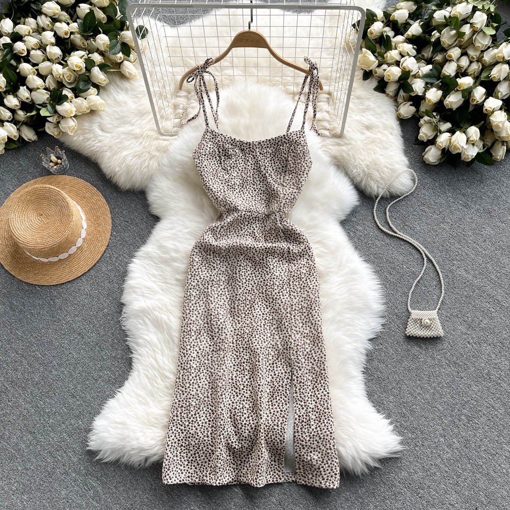 #Sisjuly# Wanita Floral Sling Dress Slim Pinggang Tipis Temperamen Mid-Length Backless Desain Gaun C
