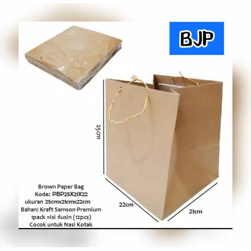 

Paper bag cocok untuk kotak kue bento, souvenir, tempat kado,dll uk : 22 x 21 x 25 cm (15 gsm)