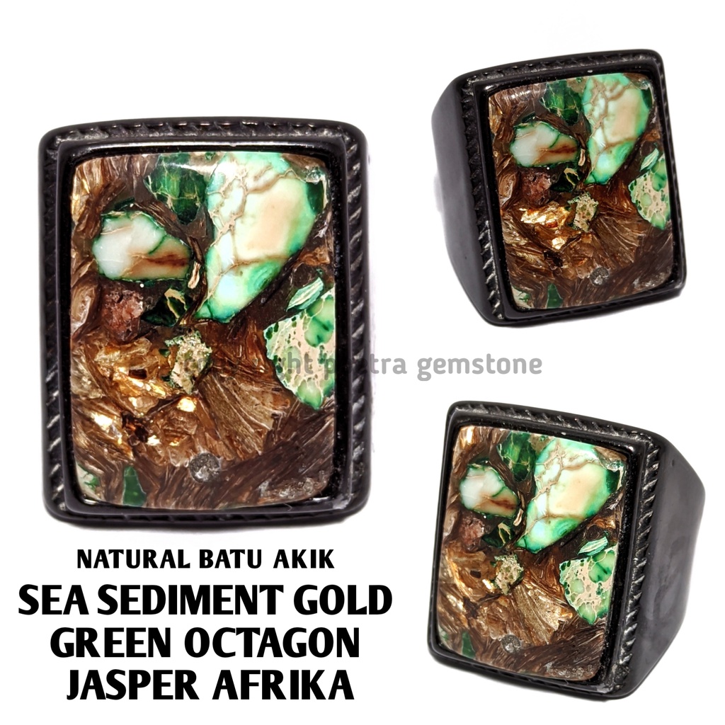 Natural Batu Akik Sea Sediment Gold Green Octagon Afrika SJA06