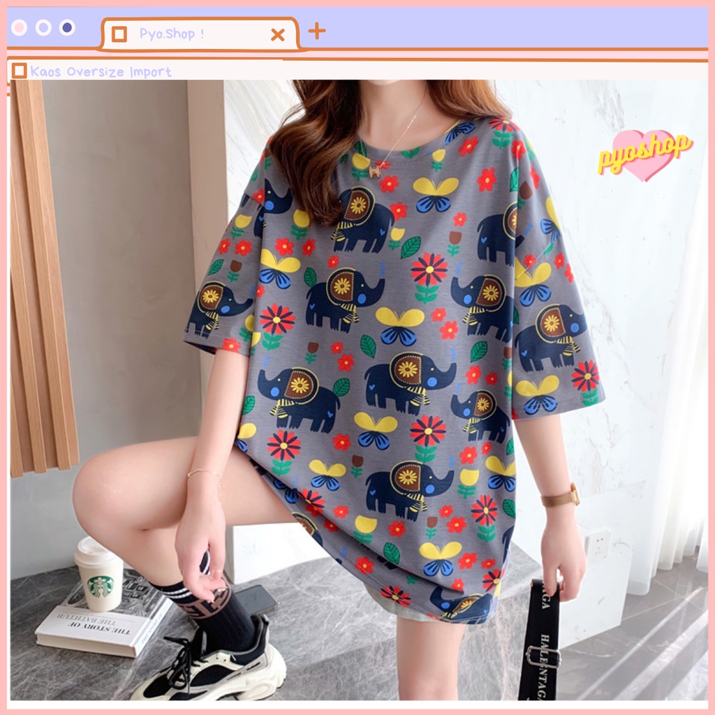 Kaos Import Longgar bigsize jumbo wanita motif elephant colourful