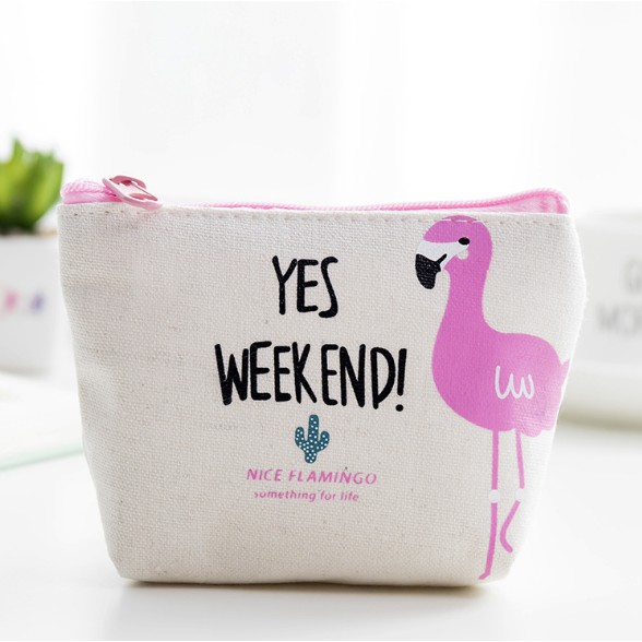 Pouch Mini / Dompet Koin Motif Gambar Burung FLAMINGO Lucu Bahan Kanvas Dengan Resleting