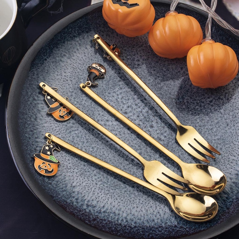 4pcs Sendok Garpu Bahan Stainless Steel Dengan Liontin Hantu Labu Halloween