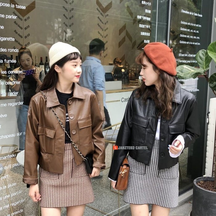 JNK x TRENCH - Jaket Kulit Oversized Wanita OOTD Faux Synthetic Leather Jacket Jumbo Oversize Besar Tebal Original Premium Import Cewek Perempuan Anak Muda Gadis Remaja Dewasa HIts Casual Trendy Elegan Kekinian 2021 Selebgram Hitam Coklat Kerja Kantor Ori