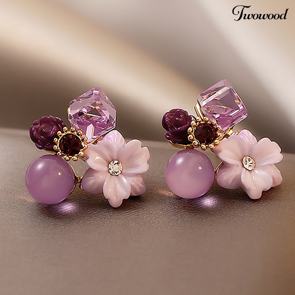 Twowood 1 Pair Women Ear Studs Flower Rhinestone Jewelry Cubic Faux Crystal Stud Earrings for Dating