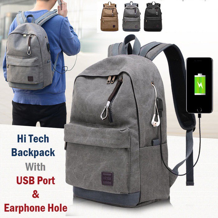 Tas Ransel Pria Casual Sekolah Kuliah With Usb Port Canvas Import