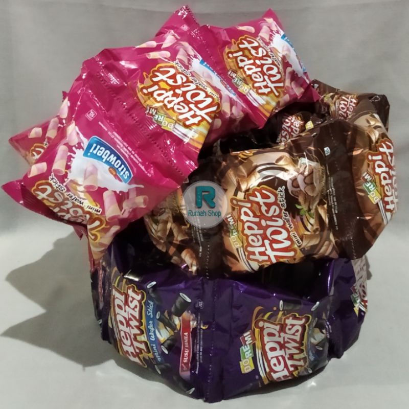 SNACK HEPPI TWIST 1 RENTENG 500 AN RASA ,COKLAT,STRAWBERY,VANILA SUSU