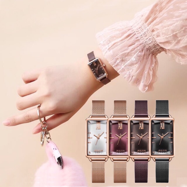 Jam Tangan Julius Wanita JA-1215 Original Rantai Pasir Kotak Panjang Kecil