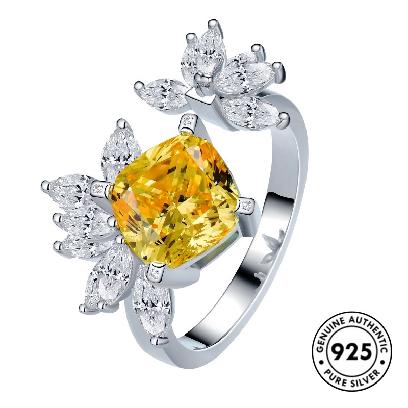 Cincin Model Terbuka Bahan S925 Silver Aksen Berlian Warna Kuning