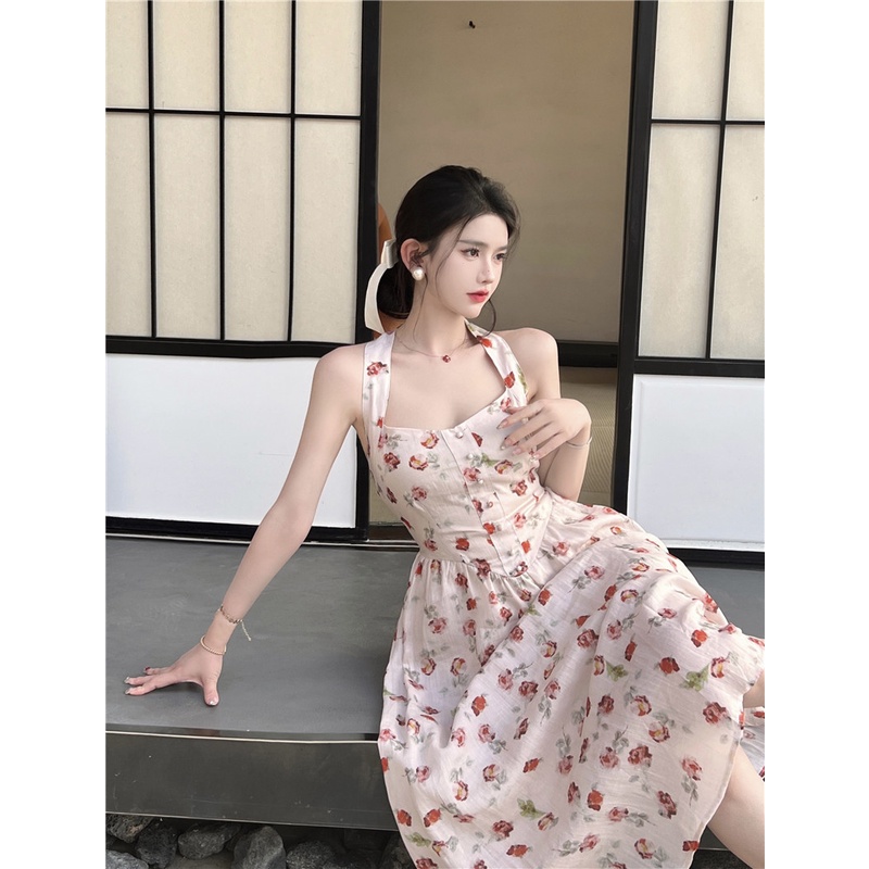 Suhao French retro floral suspender dress peri musim panas pengurangan usia tanpa lengan backless se