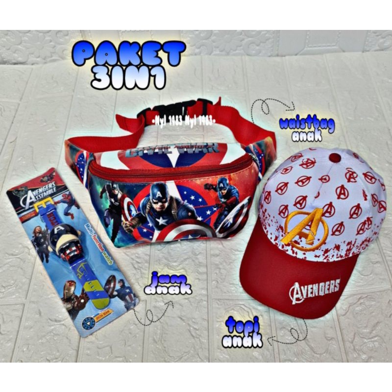 New paket murah 3in1 tas pinggang anak tas waistbag / topi anak / jam tangan anak