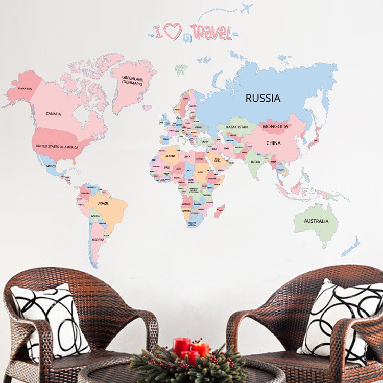 RELIZA Wall sticker peta dunia i love travel map in the world ABC1055 Stiker Dinding