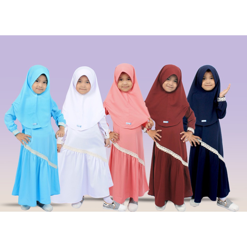 Salim Moslem-Busana Muslim/Gamis Anak Syari Renda Set Kerudung Jilbab Wolfis/toyobo Usia 1-10TH