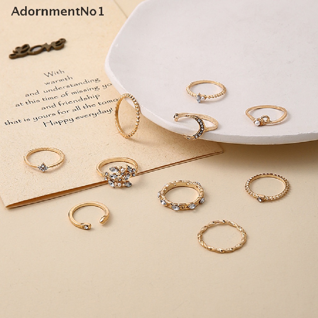 (AdornmentNo1) 10pcs / set Cincin Bentuk Bunga / Daun / Bulan / Bintang / Geometri Aksen Kristal / Mutiara Untuk Perhiasan Wanita