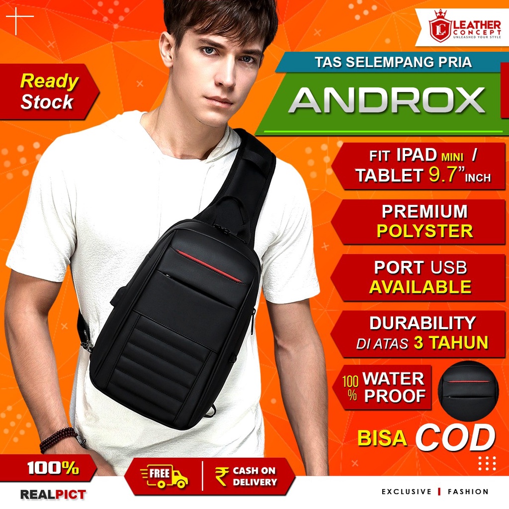 Tas Selempang Pria Tas Bahu Pria Sling Bag Pria Charger USB - ANDROX