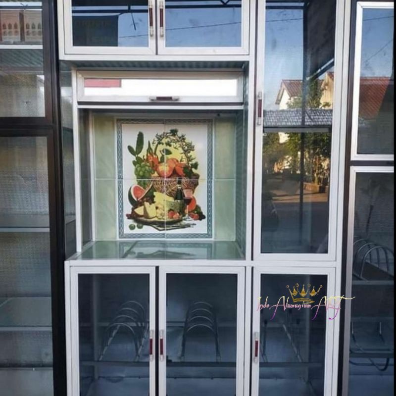 Rak Dapur Rak Piring Meja Magic Com Pintu 6 Bahan Kaca Alumunium