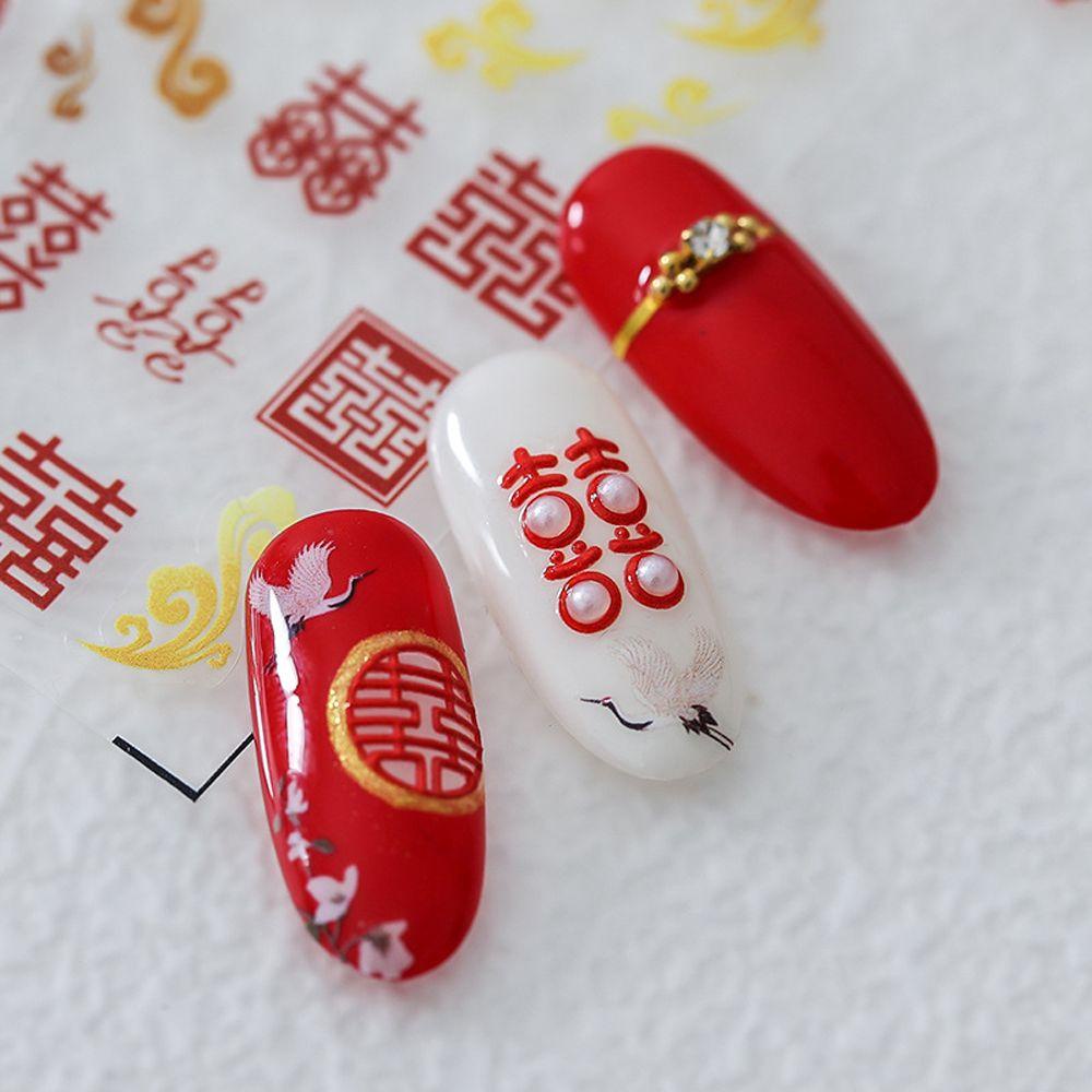 Agustina 5D Timbul Nail Art Sticker Happy Fashion Berkah Beruntung Akrilik Gaya Cina Pernikahan Dekorasi Kuku