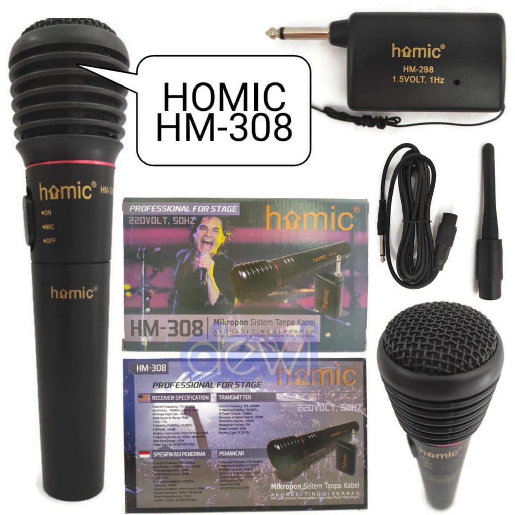 Microphone Homic Mikrofon Karaoke Mic Single Wireless dan Kabel HM-308