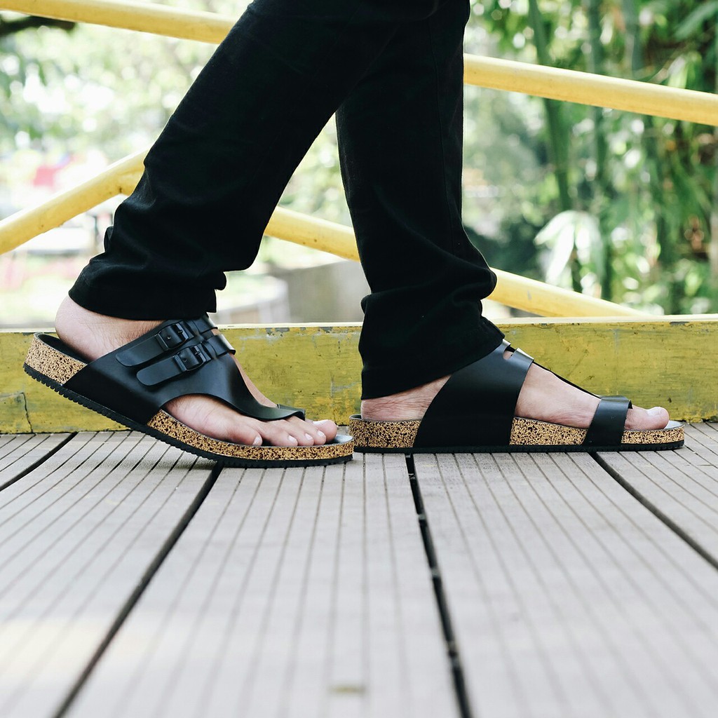 Alfaro Full Black | Sendal Jepit Tali Kulit Simpel Kayu Pria Cowok Sandal Footwear | FORIND x Zensa