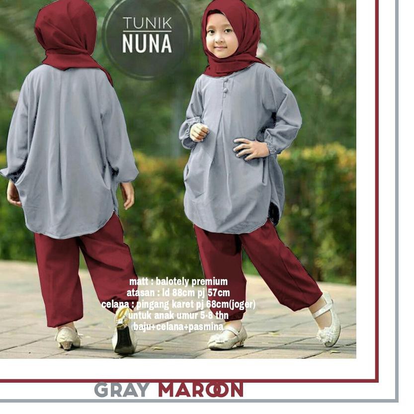 ✩ BAJU GAMIS ANAK MUSLIMAH PEREMPUAN TUNIK NUNA 3 IN 1 USIA UMUR 5 - 7 TAHUN ←
