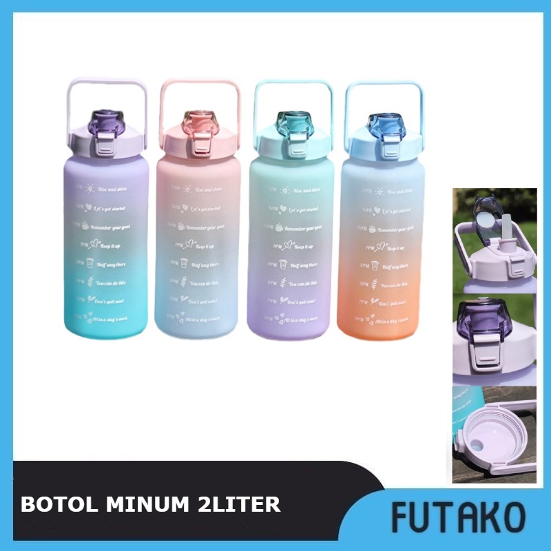 FUTAKO Botol Minum Motivasi Penanda Waktu 2 Liter Gradasi Rainbow