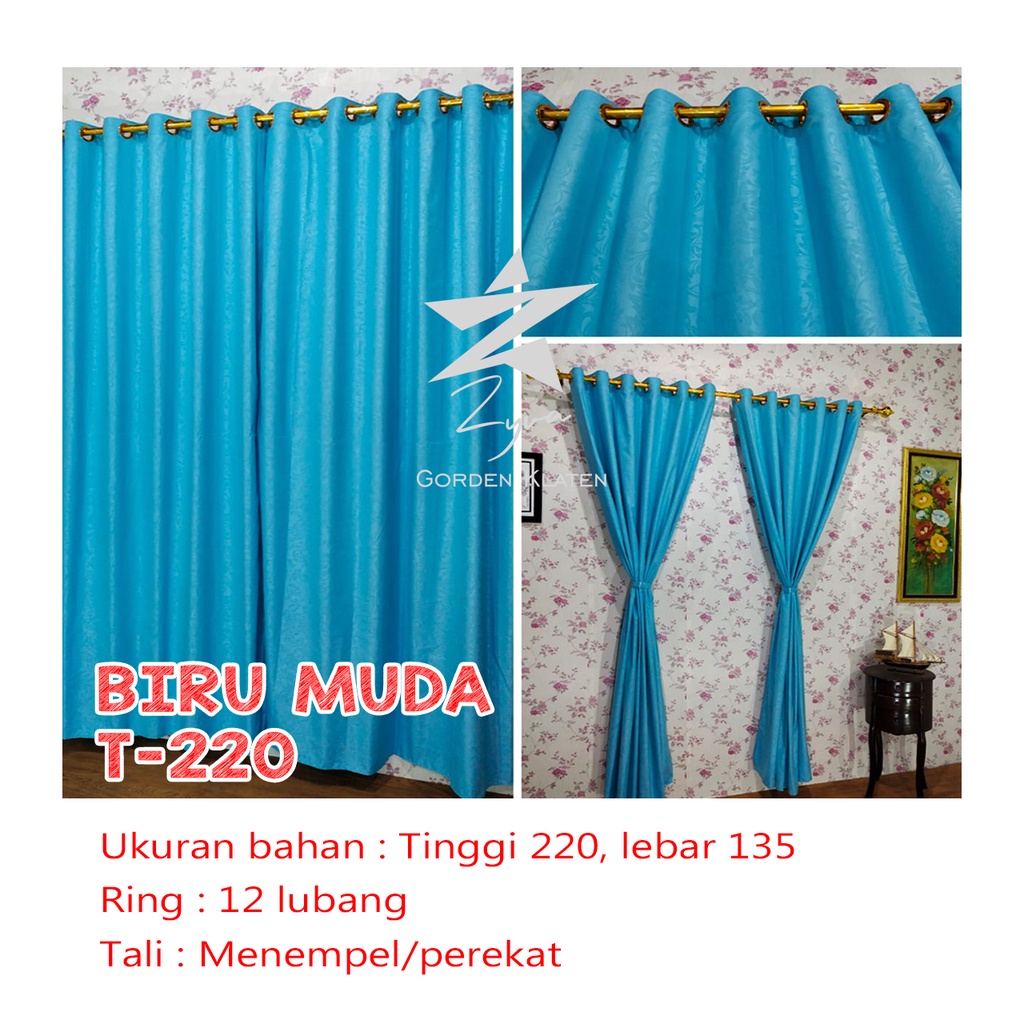 Gorden Polos Embos murah smokring 12 lubang Pintu Jendela Gorden Coklat polos Gordyn Hordeng Tirai-BIRU MUDA T220X135