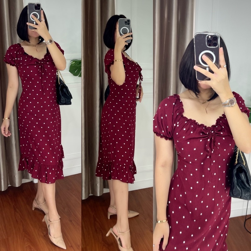 DRESS SABRINA MEWAH BAJU ELEGANT DRESS MIDI REMPEL BAWAH BAJU KARET