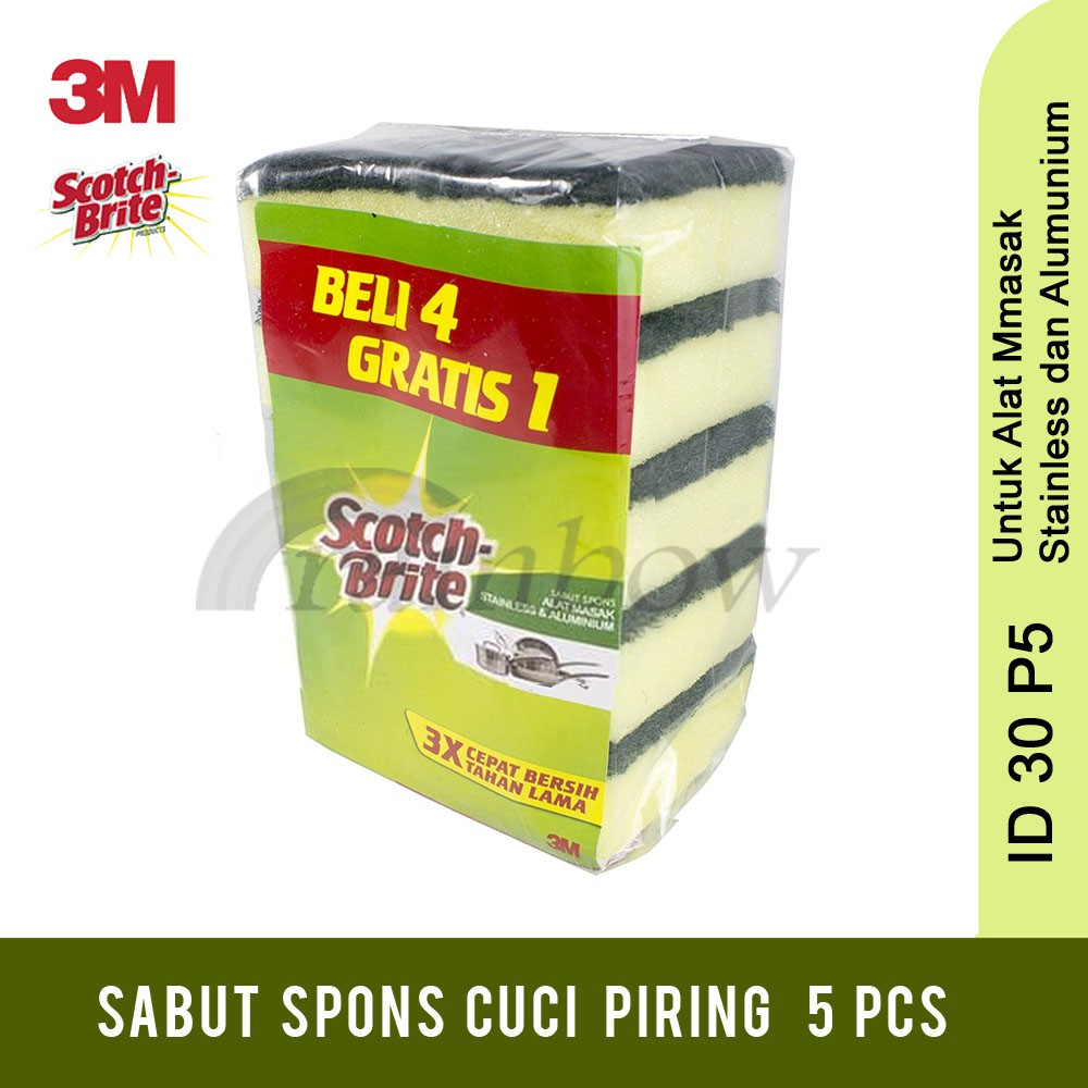 3M Scotch Brite 5 Pcs Sabut Spons Hijau Cuci Piring ID