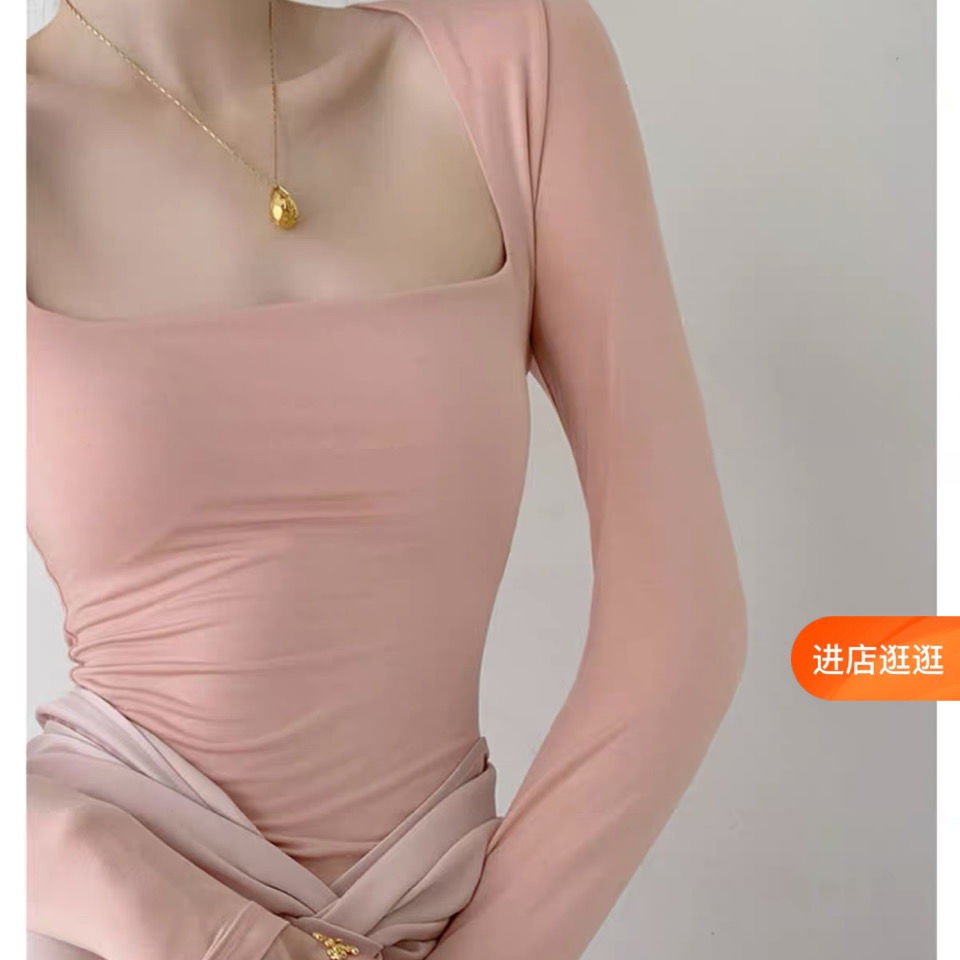 #Sisjuly# French Ballet Swan Neck Elegant Square Neck T-Shirt Atasan Bawahan Peregangan