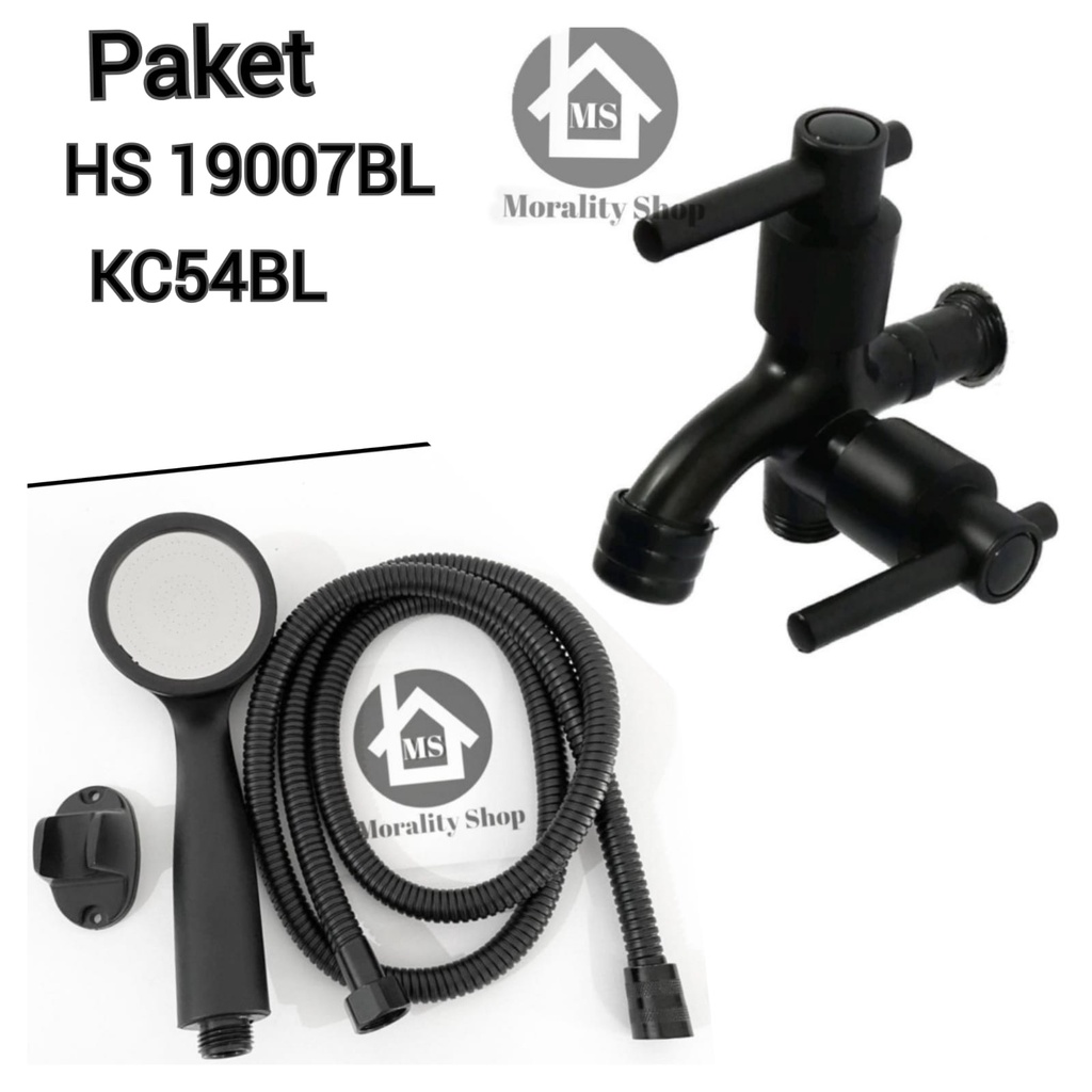 Paket hand shower mandi Hemat air 19007BL dan kran cabang FKC54BL hitam BLACK minimalis