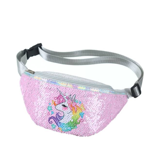 TAS PINGGANG ANAK SEQUIN MOTIF UNICORN WAIST RAINBOW / PINK IMPORT BAGUS